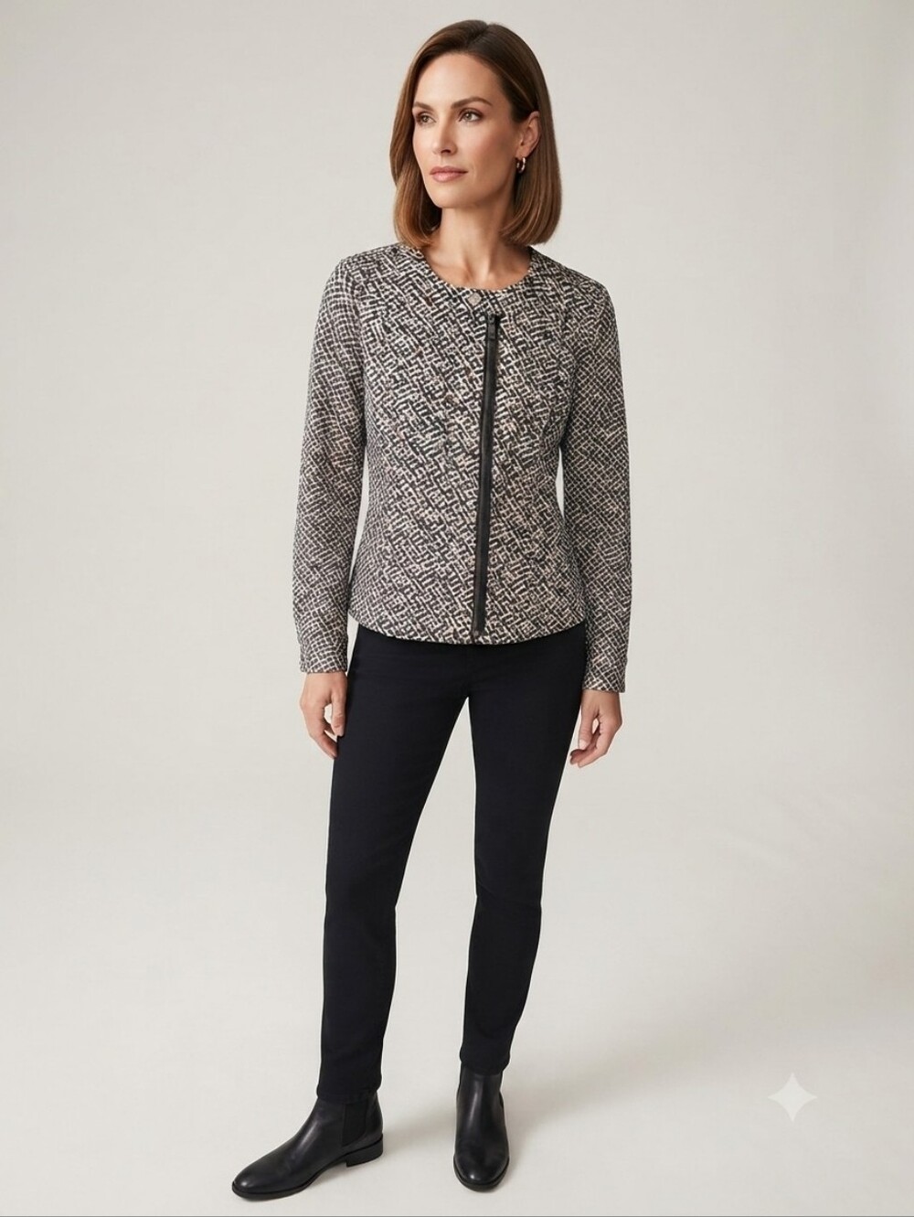 CAbi Geometric Print Denim Asymmetric Zip Front Jacket Size M Long Sleeve